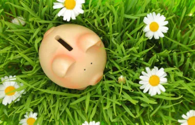 Hucha de cerdito sobre el césped entre margaritas, símbolo del ahorro en la gestión de residuos