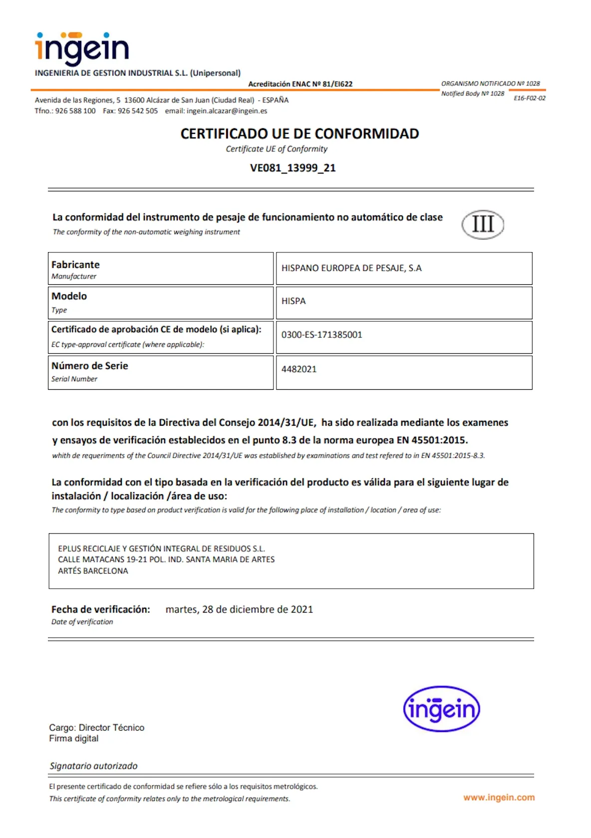 Certificado UE de conformidad de la báscula de EPLUS