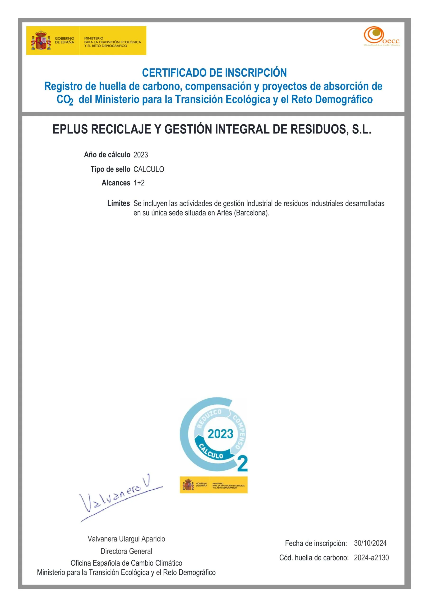 Certificado de inscripción de EPLUS en el Registro de huella de carbono del Ministerio para la Transición Ecológica