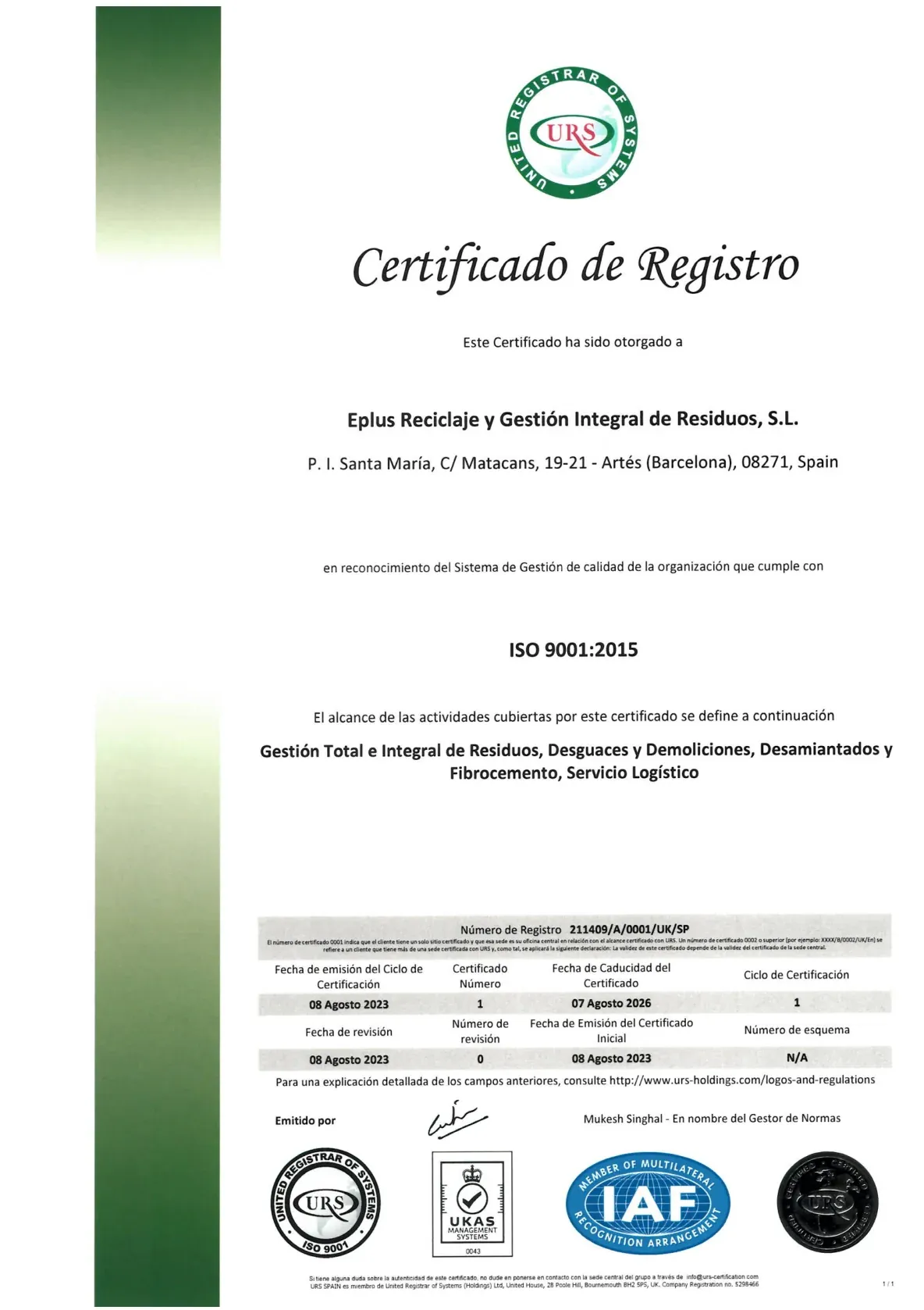 Certificado de registro ISO 9001:2015 de EPLUS emitido por URS