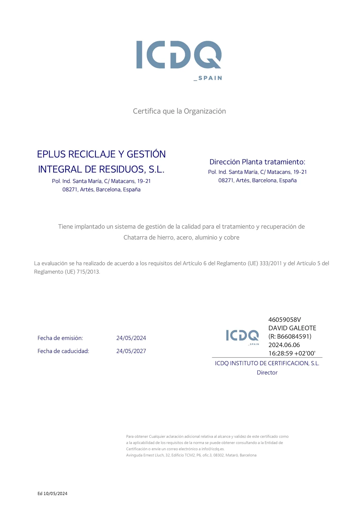 Certificado de ICDQ según los Reglamentos (UE) 333/2011 y 715/2013